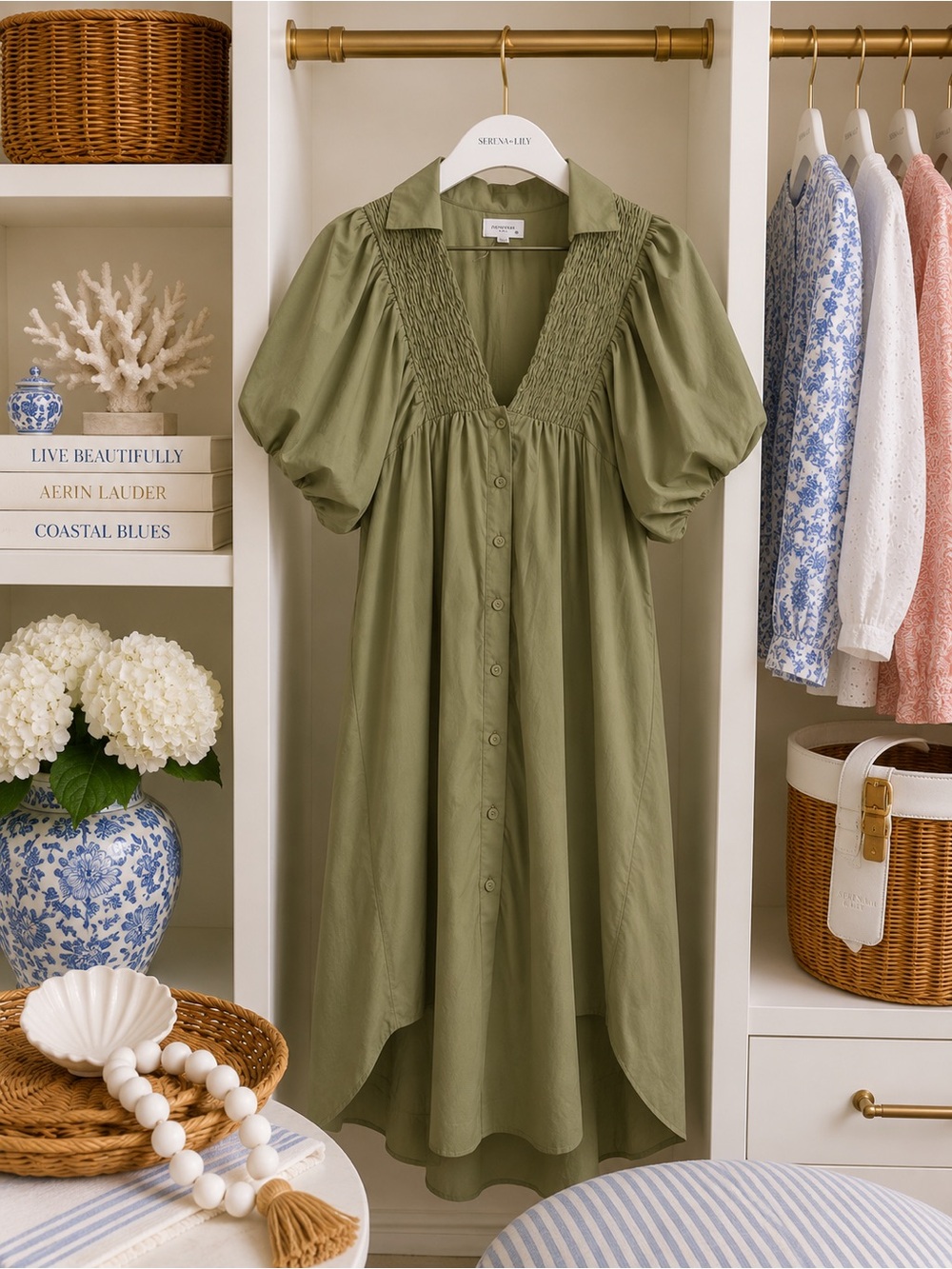 Smocked V-Neck Olive Puff-Sleeve Midi Dress